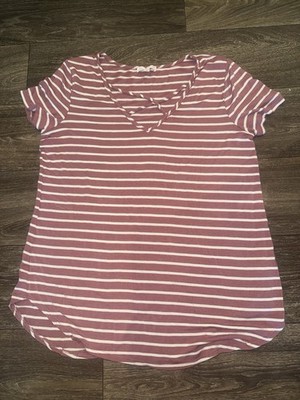 Emory Park Women s Pink White Striped Knit V-Neck Stretch Tee Short Sleeve M