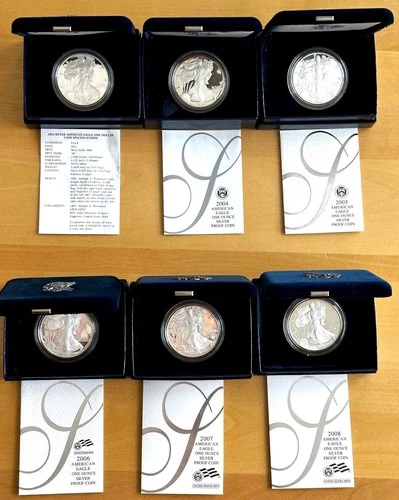 Six Proof Silver Eagles 2002, 2004, 2005, 2006, 2007, 2008