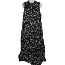 J Jill Size L Black Floral Ruffle Sleeveless Maxi Dress Smocked Neckline