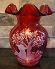 VTG Fenton Mary Gregory Cranberry Crimp Rim 5.5 In Vase Gone Fishing #1139