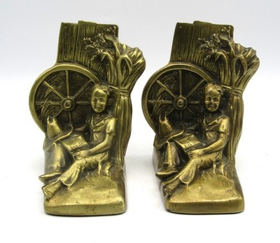 VINTAGE PM CRAFTSMAN BRASS(?) COUNTRY BOY (HUCK FINN) BOOKENDS PAIR (MADE USA)