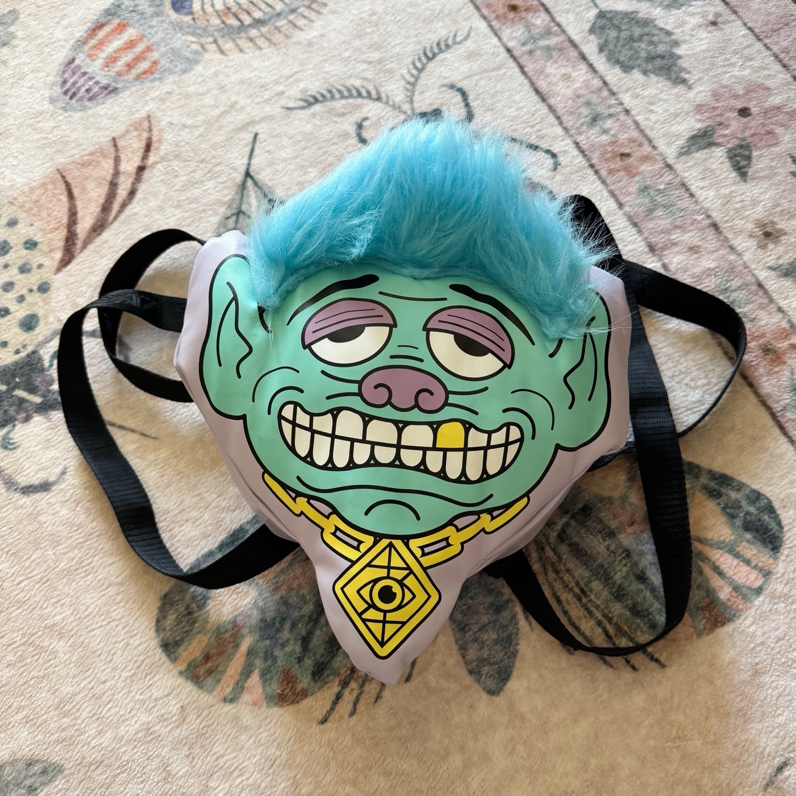 Troll Face Small Backpack W/ Blue Faux Fur Hair, Adjustable Straps