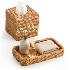 2 Pcs Rattan Toilet Vanity Tray Square Tissue Box Cover Set, Handwoven