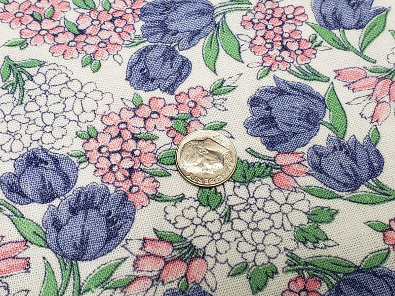 BEST Vintage Feedsack Flour Sack Fabric Blue Tulips Pink Floral Quilt Remnant