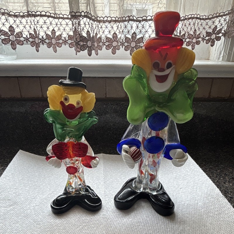 Hand Blown Art Glass Clown Figurines Set of 2, Multicolor Glossy Decor