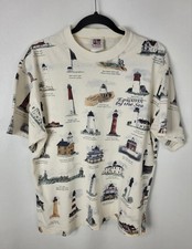 VTG "Epworth by the Sea" Lighthouse All Over Print T-Shirt Men's Sz L USA Made