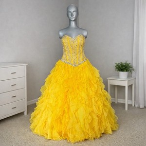 Mori Lee Yellow Beaded Corset Ball Gown Prom Dress Lace Up Back Princess Style 