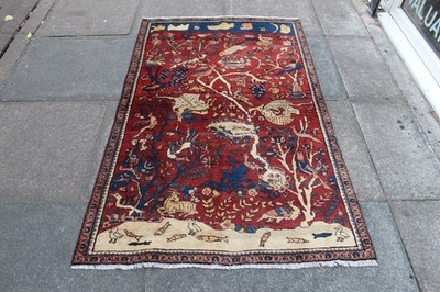 Vintage Handgeknüpfter Traditioneller Orientteppich Wolle Rot Tier Szene 163x100cm