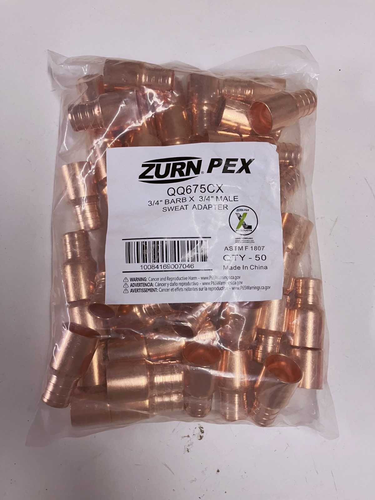 (50) Zurn Pex QQ675CX 3/4" Pex Barb x 3/4" Male Sweat Copper Adapter