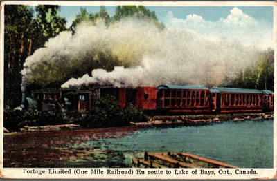 RAILROAD POSTCARD, LAKE OF BAYS, ONT. CANADA, PORTAGE LIMITED (ONE MILE RAILROAD