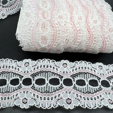 White  Pink Double Scalloped Edge Floral Lace Sewing Trim 1 1/2" Wide 8 Yards