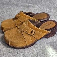 VTG Skechers Y2K Clogs Tan Suede Studded Wood Sole Chunky Platform Mules Women 7