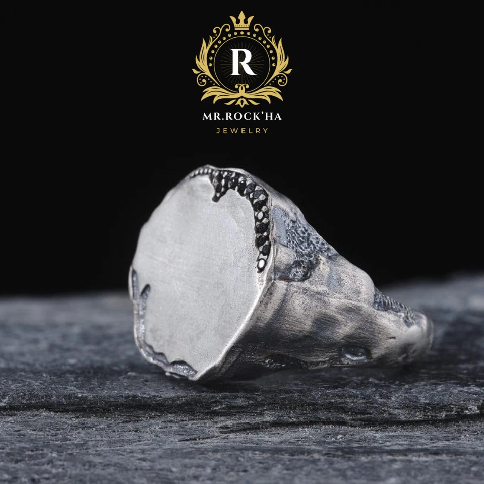 Anillo para hombre diseño liso, color plata mate, piedra circonita negra, redondo, plata 925 Foto 4 de 4