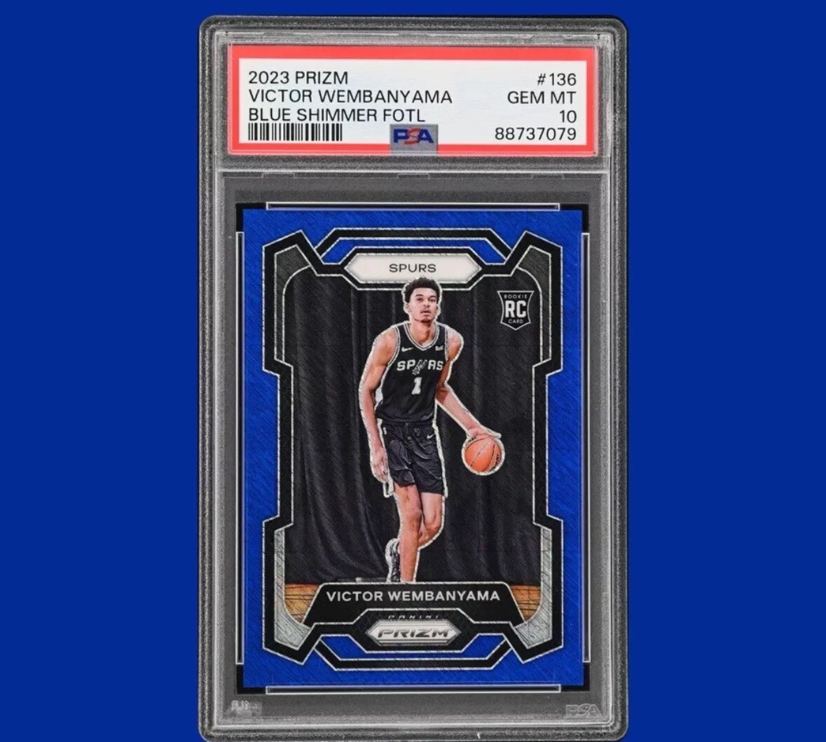 2023 VICTOR WEMBANYAMA Panini Prizm BLUE SHIMMER FOTL Rookie, #136 /35, PSA 10