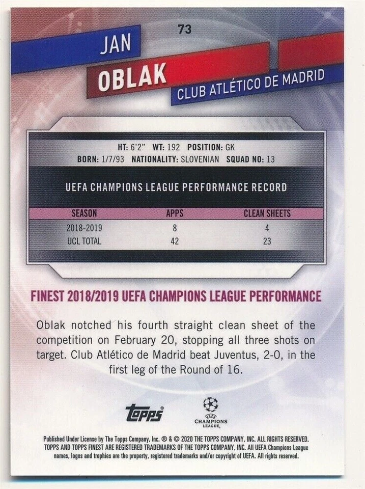 JAN OBLAK 2019/20 FINEST UEFA CHAMPIONS LEAGUE #73 PURPLE REFRACTOR SP #013/250 - Image 2 of 2