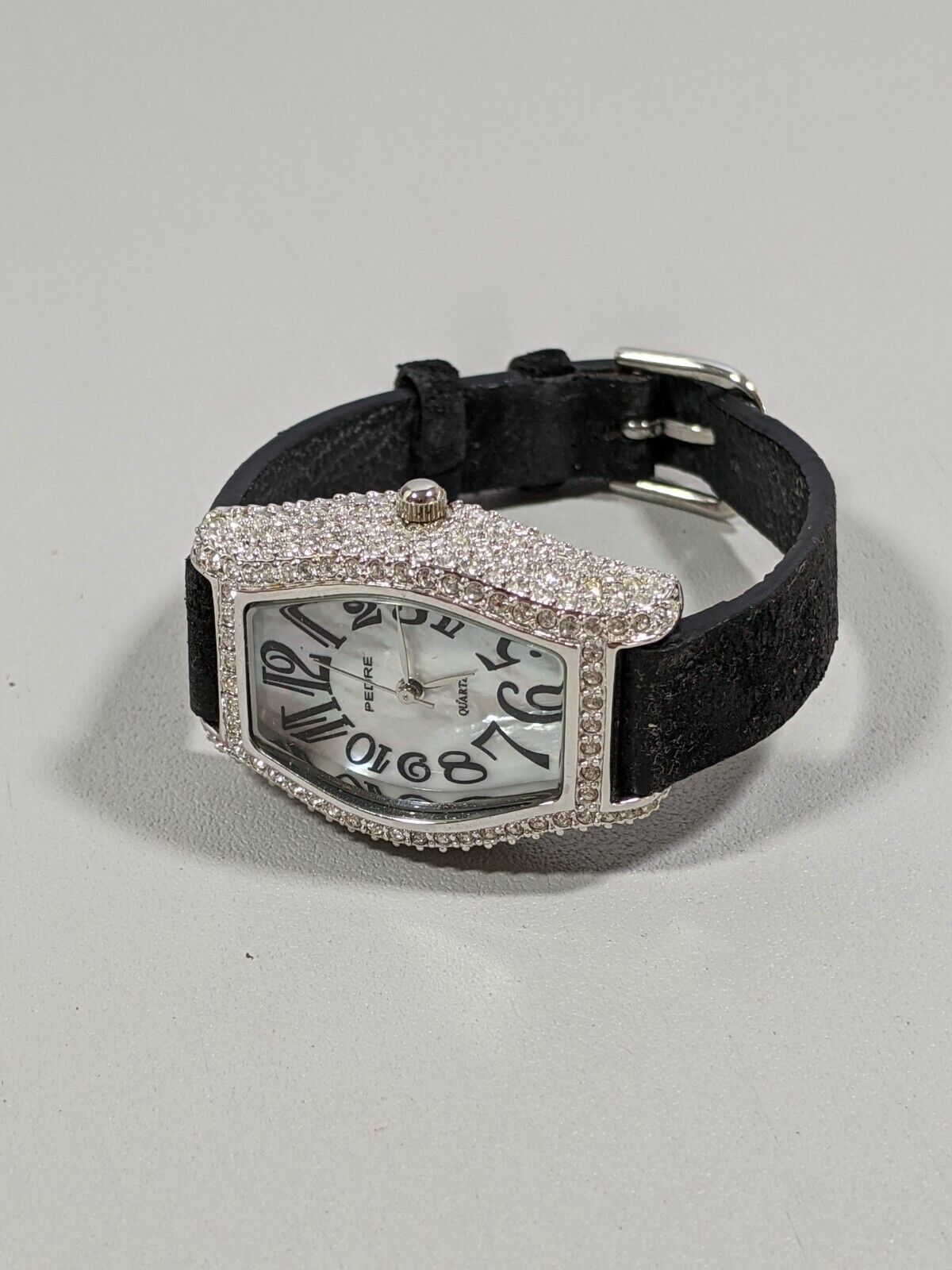 Pedre Silver Tone Crystal Bezel Pearlized Dial Black Leather Band Watch 8 Inch