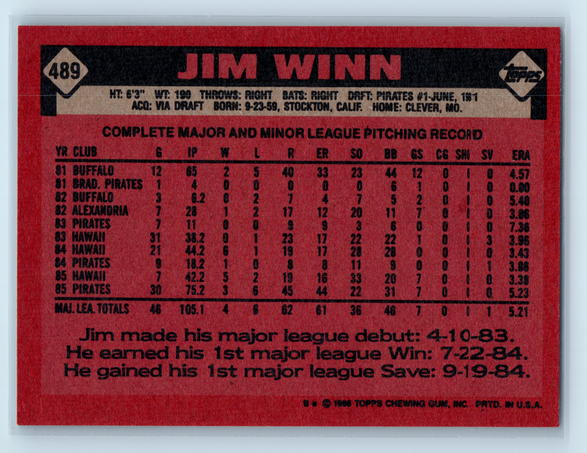 1986 Topps Pittsburgh Pirates Baseball Card #489 Jim Winn | eBay