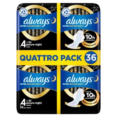 Always Ultra Secure Night Größe 4, Night Quattro Packs mit Flügeln, 36 Stück