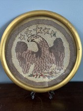 Vintage Framed Completed Latch Hook Round Rug Home Office Eagle And Stars 17.5  