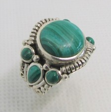 925 STERLING SILVER GENUINE ROUND MALACHITE RING SIZE 7  10.6 G