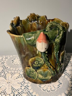 Vintage MAJOLiCA Style Vase Planter Clay, Drip Glaze, Applied Frogs & Lily- H3