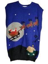 Vintage Ugly Christmas Sweater Vest M Medium Santa and His Sleigh Chunky Knit