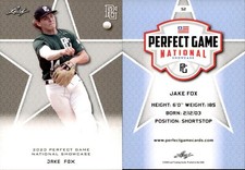JAKE FOX 2020 LEAF PERFECT GAME NATIONAL SHOWCASE ROOKIE CARD #52. rookie card picture