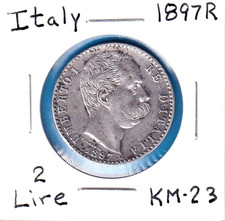 1897R Italy 2 Lire (KM-23) .2685 ASW Silver!!! [Umberto I] Rome Mint