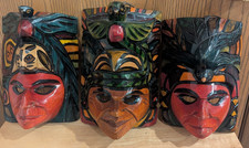 VTG Hand Carved Wooden Tribal Masks- Three Mayan Carved Wooden Masks Colorful