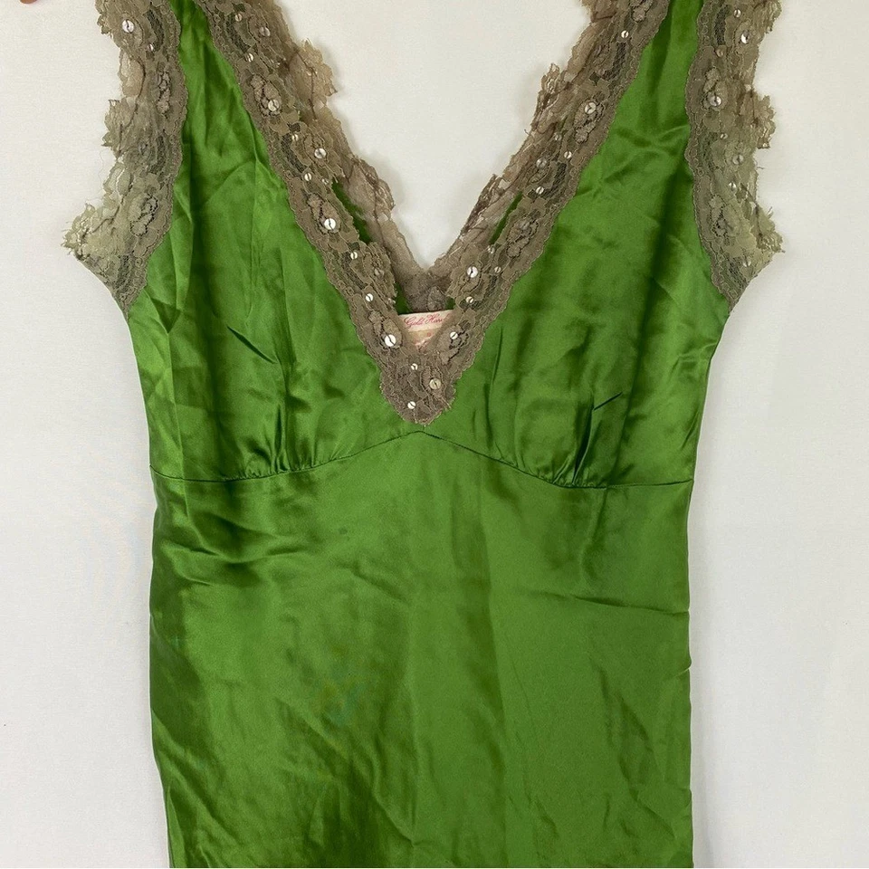 Винтажный золотой ястреб шелк кружева V шеи блузка зеленый атлас блузка легкий размер S - Изображение 2 из 4