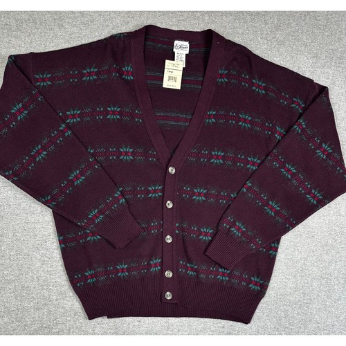 VTG Maglificio Florence Cardigan Sweater L Burgundy Wool Fair Isle Italy, $42.46
