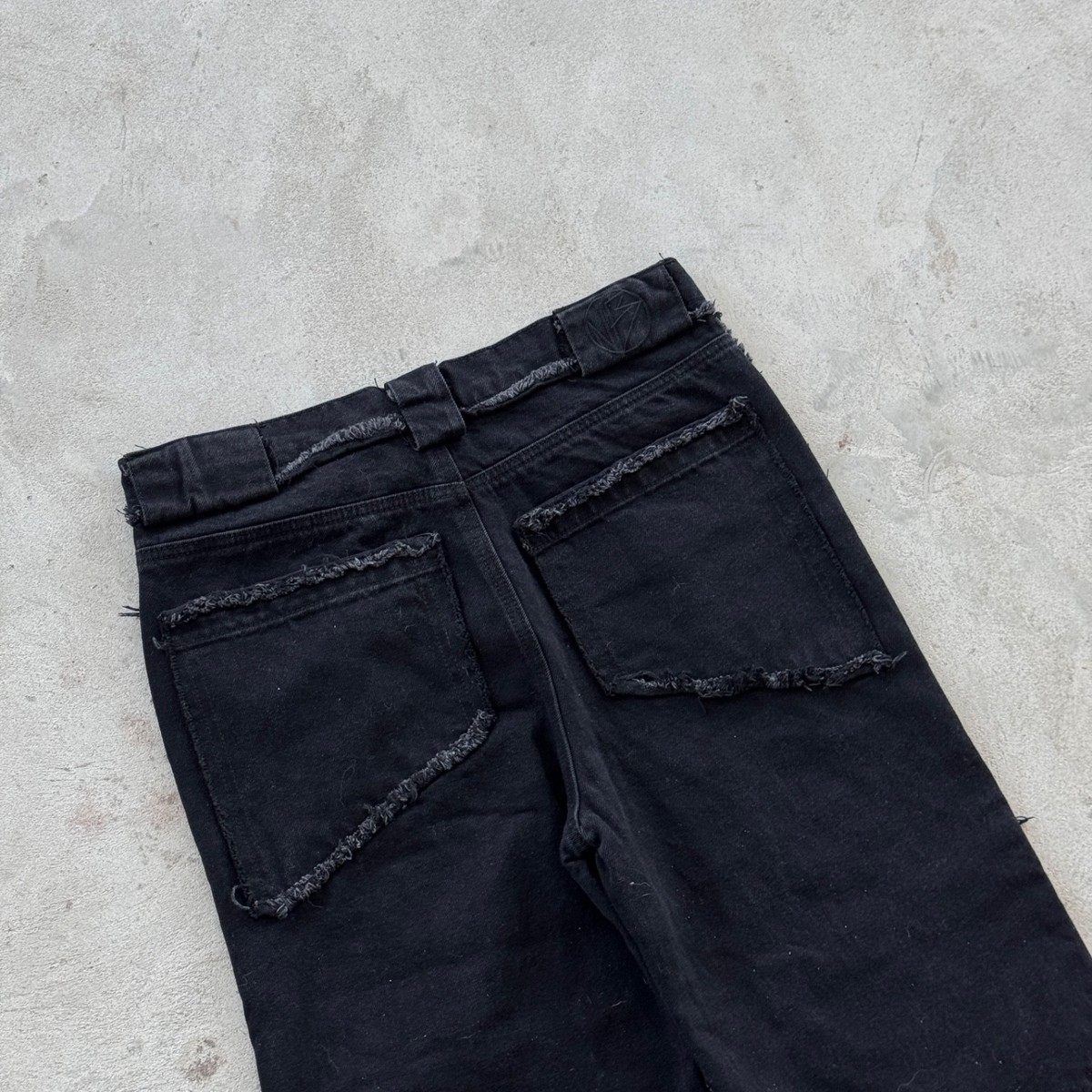 No Faith Studios Black Distressed Flared Jeans Raw Hem Patchwork