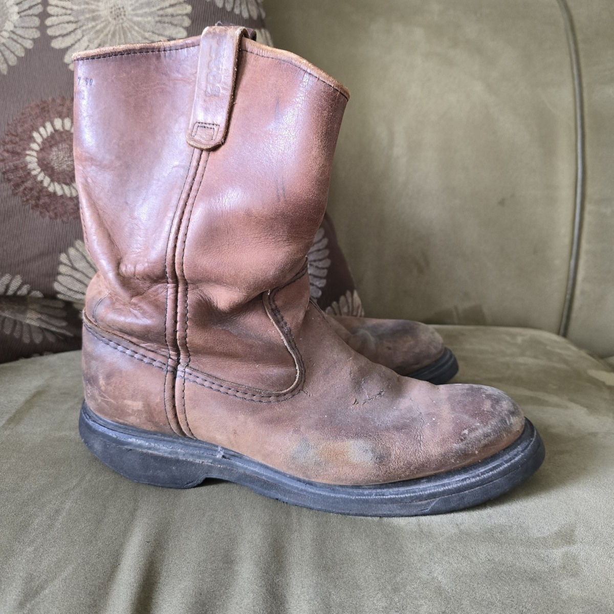 Vintage Red Wing Pecos Boots Brown Leather Made in USA Pull On Mens Size 16 B Redwing Pecos brown nubuck leather, soft toe cowboy... | Depop main image 4