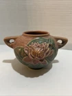 Roseville Pottery Pink Water Lily mark 437-4 double-handled Vase, H 4" x W 7.5"