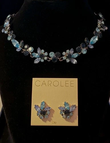 CAROLEE Vtg Necklace & Earring Set, Silver-toned with Sea Blue & Navy Crystals