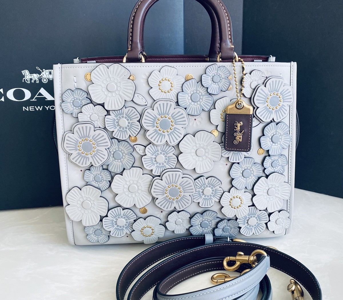 NEW COACH GRAY COLORBLOCK TEA ROSE APPLIQUÉ ROGUE C8520 | eBay