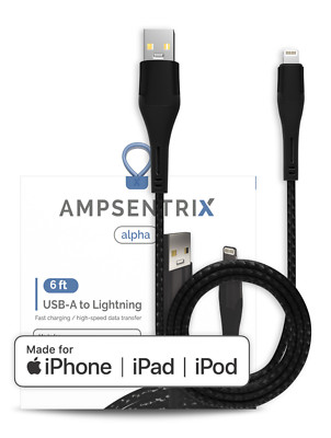 AmpSentrix 6 Ft MFI-Certified Lightning To USB Type A Cable, Black Braided Cable