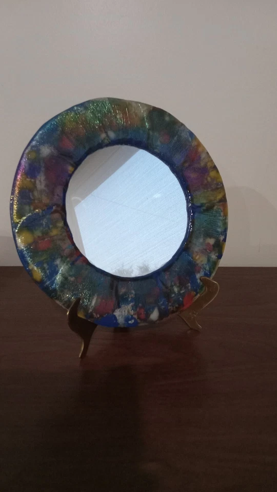 Unique Petite Artisan Circular Wall Mirror W/ Art Glass Iridiscent Colors Frame  - Image 2 of 4