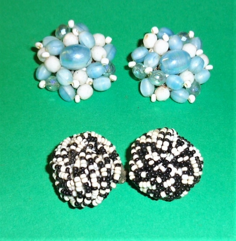 2 pair of Vintage Clip-on Beaded earrings from the 1960's Blue and Black& White