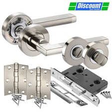 Bathroom Door Handle Pack with Straight Lever Door Handles, Lock, Turn & Hinges