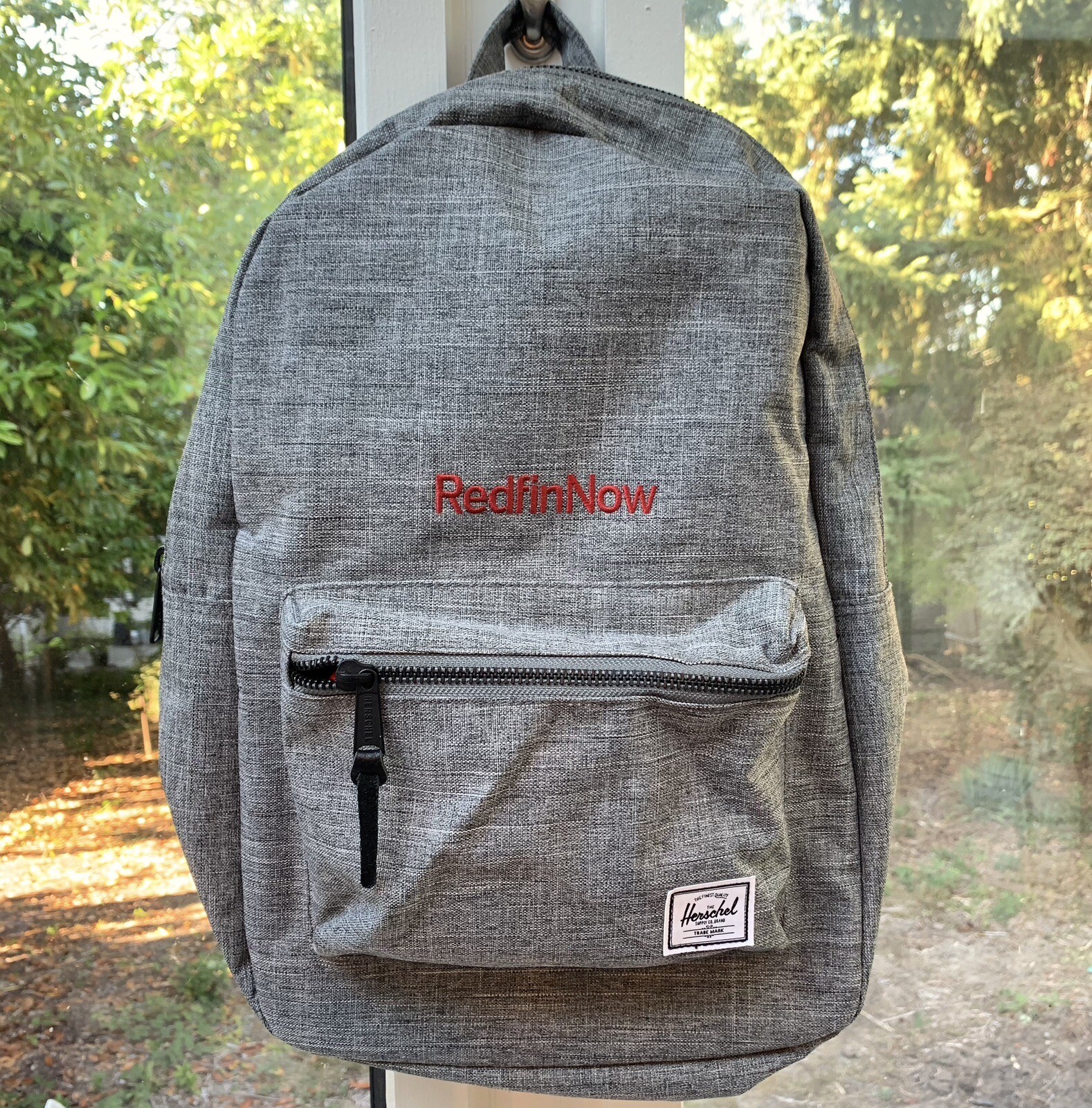 Herschel Raven Crosshatch Light Gray Backpack with RedFinNow Embroidery EUC