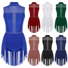 Womens Dress Rhinestones Dancewear Patchwork Leotard Contemporary Bodysuit Mesh
