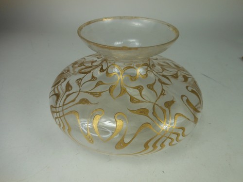 Antike Jugendstil gedrungene vergoldete Vase 5 1/2" x 9" breit klar mit Gold Europa - Bild 5 von 12