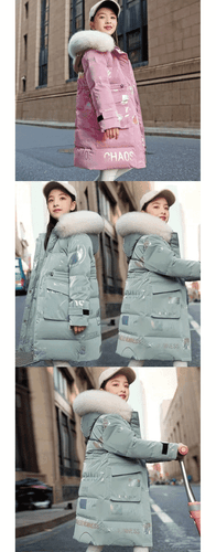 Winter Cotton Padded Coat Medium Long Down Thicken Warm Kids Fur Hooded Clothes - Picture 13 of 23