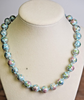 Chinese Export Beaded Necklace Baby Blue Hand Painted Flowers 25'' 12mm Vintage
