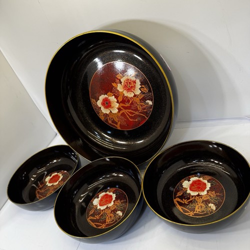 Vintage Japanisches Lackgeschirr Aercing Schüssel Set Traditionell Floral Schwarz Gold - Bild 4 von 7