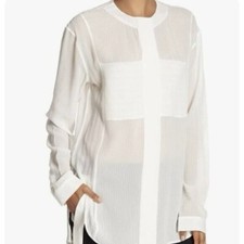 $295 THEORY Ivory Silk Minimal Sheer Button Up Pebbled Seersucker Oversize Top M