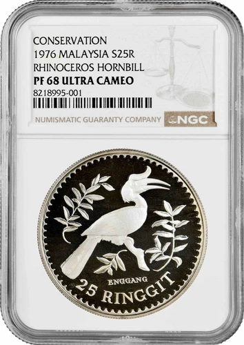 Malaysia 25 ringgit 1976, NGC PF68 UC, "Conservation - Rhinoceros hornbill"