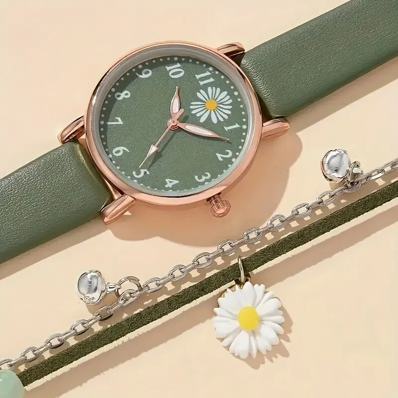 VTG WHITE DAISY WATCH SET LEATHER BAND SLIDER QUARTZ JAPAN SINGAPORE MOVT EASTER 2pc Fashion Daisy Flower Accented Quartz Watch Soft PU  main image 3
