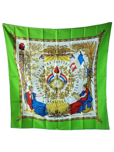 HERMES Carre 90 Green LIBERTE EGALITE FRATERNITE REPUBL Silk 100% from JAPAN F/S